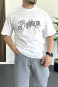 Erkek Oversize Ön ve Arka Kabartmalı Fighter Baskılı Tişört Beyaz Edw367
