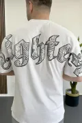 Erkek Oversize Ön ve Arka Kabartmalı Fighter Baskılı Tişört Beyaz Edw367