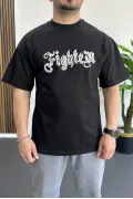 Erkek Oversize Ön ve Arka Kabartmalı Fighter Baskılı Tişört Siyah Edw367