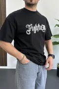 Erkek Oversize Ön ve Arka Kabartmalı Fighter Baskılı Tişört Siyah Edw367