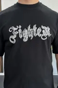 Erkek Oversize Ön ve Arka Kabartmalı Fighter Baskılı Tişört Siyah Edw367