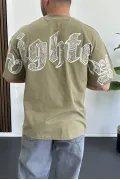 Erkek Oversize Ön ve Arka Kabartmalı Fighter Baskılı Tişört Yeşil Edw367