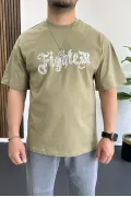 Erkek Oversize Ön ve Arka Kabartmalı Fighter Baskılı Tişört Yeşil Edw367