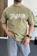 Erkek Oversize Ön ve Arka Kabartmalı Fighter Baskılı Tişört Yeşil Edw367