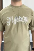 Erkek Oversize Ön ve Arka Kabartmalı Fighter Baskılı Tişört Yeşil Edw367