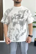 Erkek Oversize Ön ve Arka Kabartmalı Slogan Baskılı Tişört Beyaz Edw368
