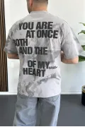 Erkek Oversize Ön ve Arka Kabartmalı Slogan Baskılı Tişört Gri Edw368