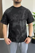 Erkek Oversize Ön ve Arka Kabartmalı Slogan Baskılı Tişört Siyah Edw368