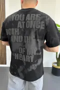 Erkek Oversize Ön ve Arka Kabartmalı Slogan Baskılı Tişört Siyah Edw368