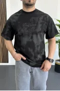 Erkek Oversize Ön ve Arka Kabartmalı Slogan Baskılı Tişört Siyah Edw368