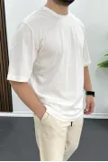 Erkek Oversize Pamuklu Basic T-shirt Ekru Edw089
