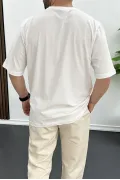 Erkek Oversize Pamuklu Basic T-shirt Ekru Edw089