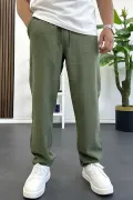 Erkek Rahat Kalıp Keten Görünümlü Pamuklu Beli Lastikli Pantolon Yeşil Edw404