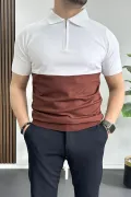 Erkek Renk Bloklu Polo Yaka Yarım Fermuarlı Tişört Kiremit Edw234