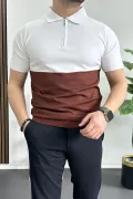 Erkek Renk Bloklu Polo Yaka Yarım Fermuarlı Tişört Kiremit Edw234