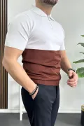Erkek Renk Bloklu Polo Yaka Yarım Fermuarlı Tişört Kiremit Edw234