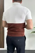 Erkek Renk Bloklu Polo Yaka Yarım Fermuarlı Tişört Kiremit Edw234