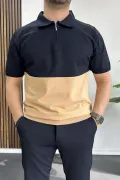 Erkek Renk Bloklu Polo Yaka Yarım Fermuarlı Tişört Lacivert Edw234