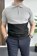 Erkek Renk Bloklu Polo Yaka Yarım Fermuarlı Tişört Siyah Edw234