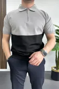 Erkek Renk Bloklu Polo Yaka Yarım Fermuarlı Tişört Siyah Edw234