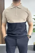 Erkek Renk Bloklu Polo Yaka Yarım Fermuarlı Tişört Vizon Edw234