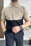 Erkek Renk Bloklu Polo Yaka Yarım Fermuarlı Tişört Vizon Edw234