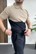 Erkek Renk Bloklu Polo Yaka Yarım Fermuarlı Tişört Vizon Edw234