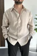 Erkek Salaş Modal Kumaş Gömlek Bej Edw267