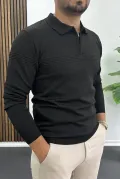 Erkek Slim Fit Çizgi Detaylı Polo Yaka Kazak Siyah Edw427