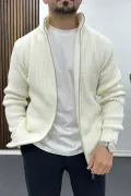 Erkek Slim Fit Fermuarlı Hırka Ekru Edw434