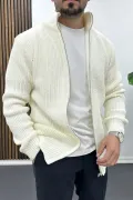 Erkek Slim Fit Fermuarlı Hırka Ekru Edw434