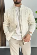Erkek Slim Fit Örgü Desenli Hırka Ekru Edw430