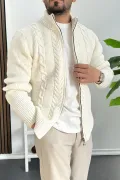 Erkek Slim Fit Örgü Desenli Hırka Ekru Edw430