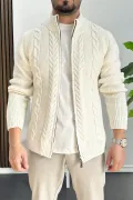 Erkek Slim Fit Örgü Desenli Hırka Ekru Edw430