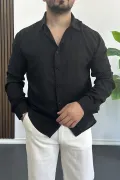 Erkek Viskon Kumaş Uzun Kollu Gömlek Siyah Edw391