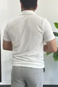 Erkek Yakası ve Kolu Nakış Detaylı Polo Yaka Fermuarlı Tişört Beyaz Edw392