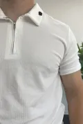 Erkek Yakası ve Kolu Nakış Detaylı Polo Yaka Fermuarlı Tişört Beyaz Edw392