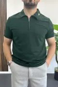 Erkek Yakası ve Kolu Nakış Detaylı Polo Yaka Fermuarlı Tişört Yeşil Edw392