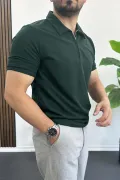 Erkek Yakası ve Kolu Nakış Detaylı Polo Yaka Fermuarlı Tişört Yeşil Edw392