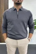 Erkek Yarım Fermuarlı Düz Desen Polo Yaka Kazak Antrasit Edw424