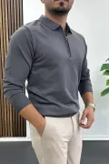 Erkek Yarım Fermuarlı Düz Desen Polo Yaka Kazak Antrasit Edw424