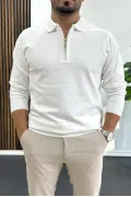 Erkek Yarım Fermuarlı Düz Desen Polo Yaka Kazak Beyaz Edw424
