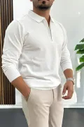 Erkek Yarım Fermuarlı Düz Desen Polo Yaka Kazak Beyaz Edw424