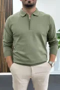 Erkek Yarım Fermuarlı Düz Desen Polo Yaka Kazak Haki Edw424