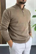 Erkek Yarım Fermuarlı Normal Kalıp Kazak Kahverengi Edw411