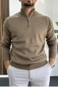 Erkek Yarım Fermuarlı Normal Kalıp Kazak Kahverengi Edw411