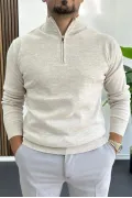 Erkek Yarım Fermuarlı Normal Kalıp Kazak Krem Edw411