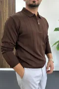 Erkek Yarım Fermuarlı Polo Yaka Mevsimlik Kazak Kahverengi Edw195