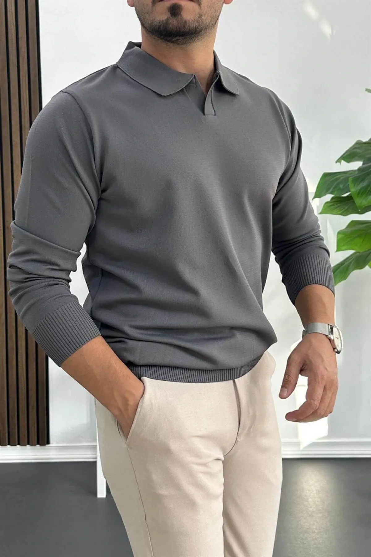 Erkek Açık Yaka Düz Desen Normal Kalıp Kazak Füme Edw423