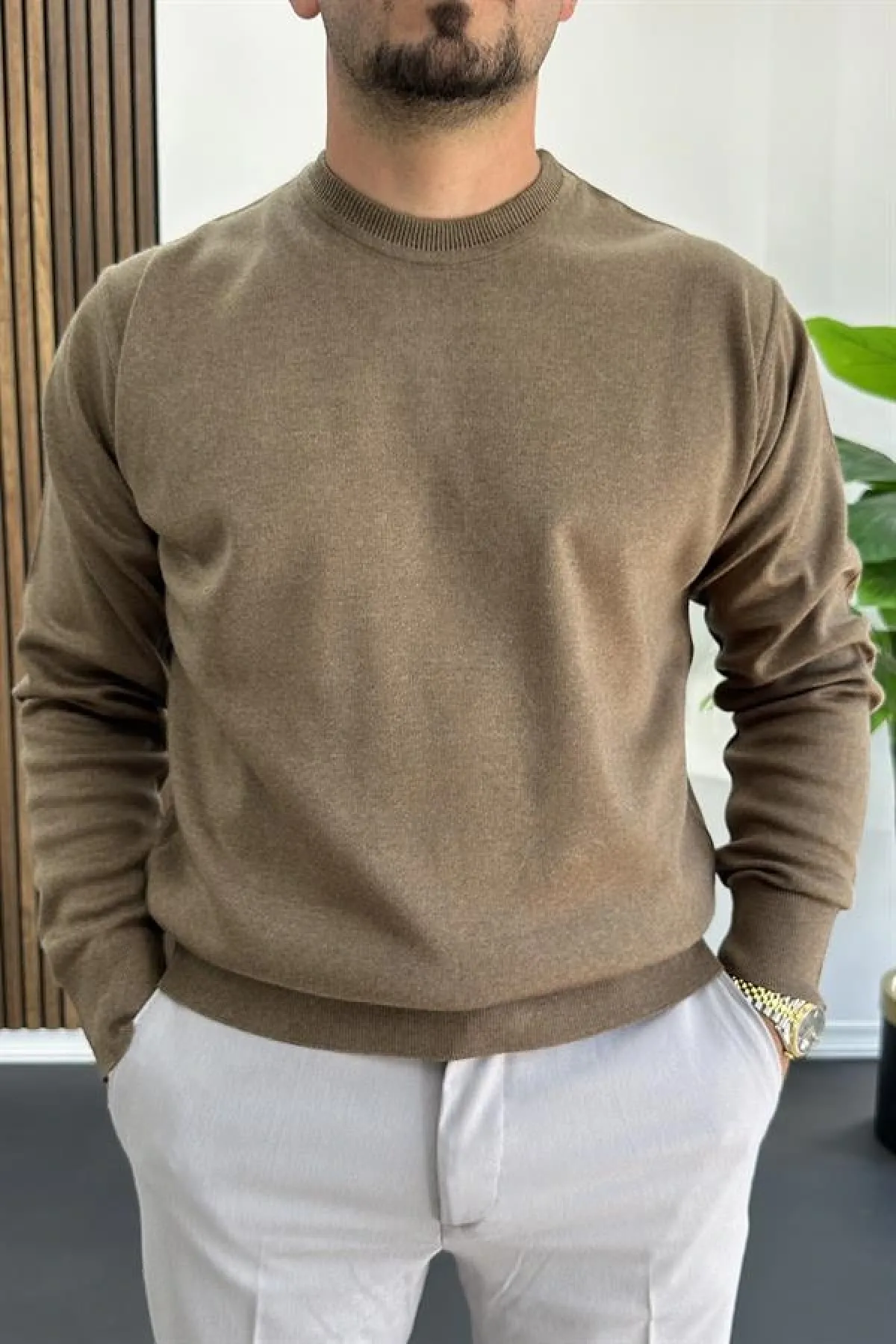 Erkek Bisiklet Yaka Normal Kalıp Kazak Kahverengi Edw410